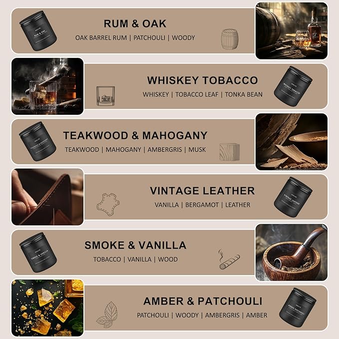Scented Candles Set | Gifts for Men - 6Pack Candle Set - Masculine Candle, Soy Candles for Home Scented, Aromatherapy Gift - Fragrance of Smoke Vanilla/Leather/Mahogany/Tobacco/Oak/Amber Patchouli - Bloomnest
