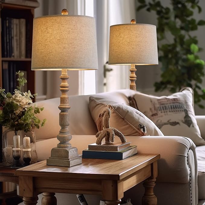 Oneach 27.75" Vintage Farmhouse USB Table Lamps Set of 2 for Living Room Bedroom Traditional Bedside Nightstand Lamp with Dual USB Port Resin Table Lamp with Rotary Switch for Living Room Bedroom - Bloomnest