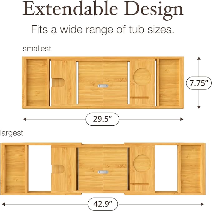 Wooden Bathtub Tray - Foldable Expandable Bamboo Bath Tray for Tub with Wine Holder, Book & Tablet Stand - Bath Caddy for Bathtub, Spa Bath Accessories for Women, Tub Tray Table, Gift for Her or Him - Bloomnest