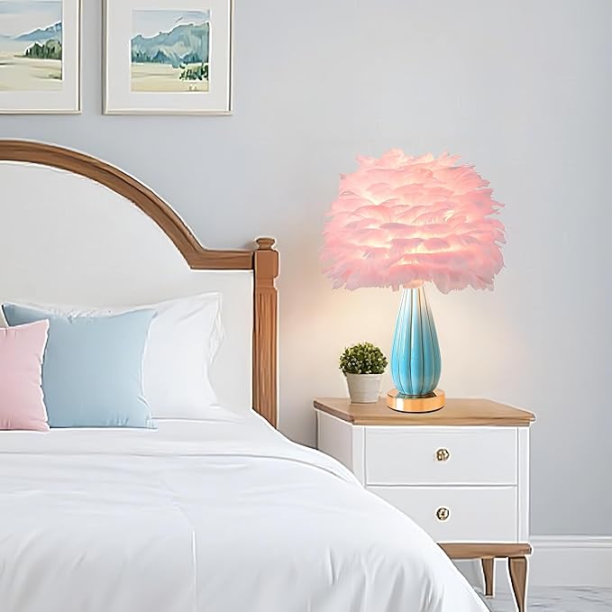 Pink Feather Table Lamp Creative Bedside Feather Lamp Simple Goose Furry Nightstand Light Fluffy Desk Lighting for Girl Bedroom Living Room Decoration Wedding Romantic Atmosphere - Bloomnest