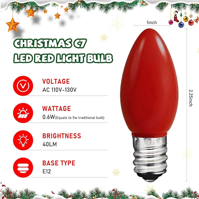 C7 Red LED Light Bulb,25 Pack 0.6w C7 Ceramic Christmas Candle Bulbs With E12 Candelabra Base Vintage Red Replacement Bulbs For Indoor Outdoor Valentine Christmas String Lights, Night Light Bulb - Bloomnest
