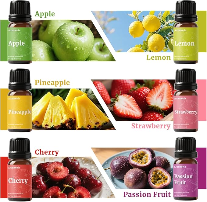 Fruit Fragrance Oils, Aromtopia 6x10ml Fruity Essential Oils for Diffusers for Home, Soap Candle Making Scents, Strawberry, Pineapple, Lemon, Cherry, Passion Fruit, Apple, Fragrance Oil Gift Set - Bloomnest