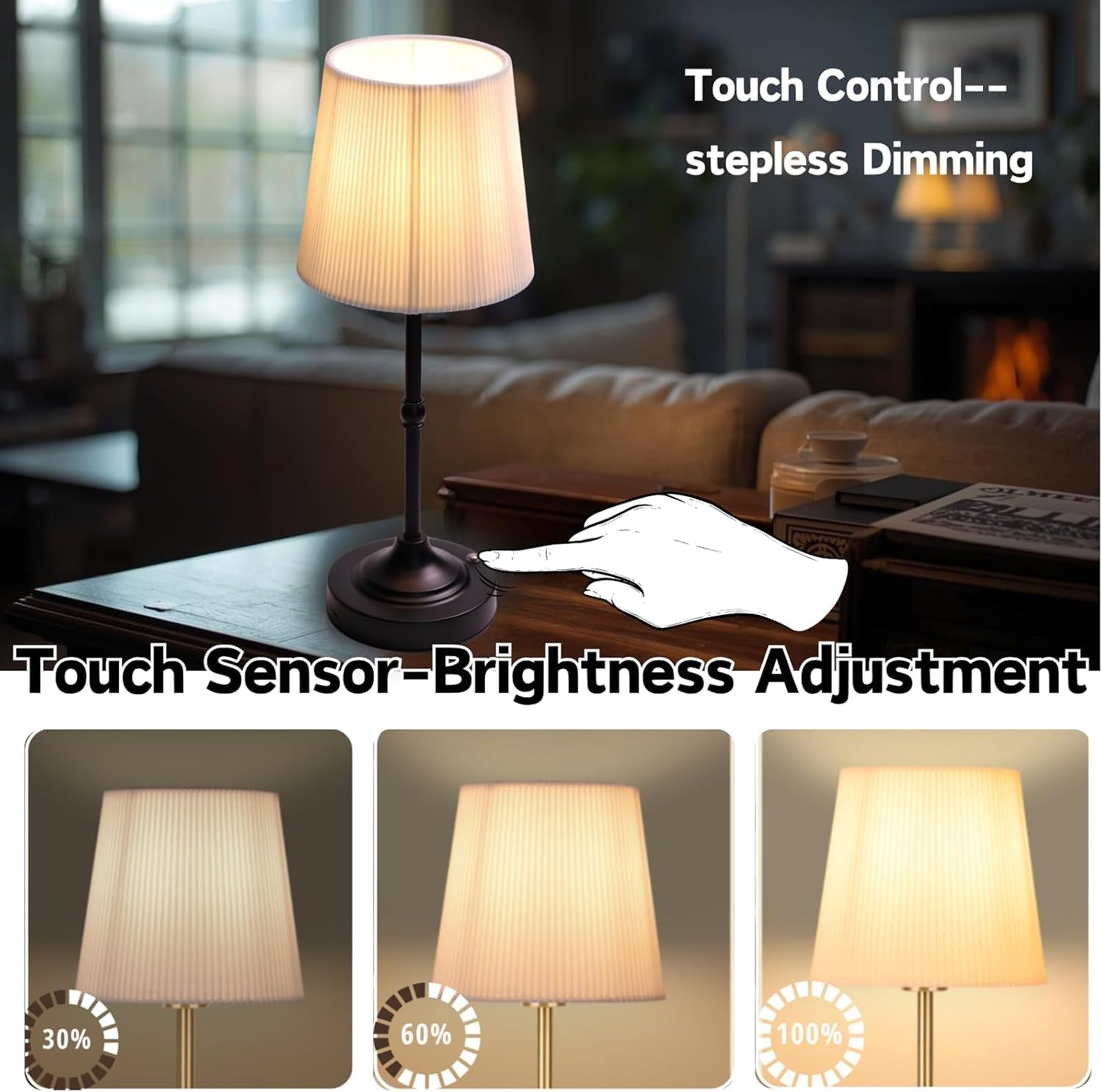 Rechargeable Cordless Table Lamp, Warm Desk Light, Wireless Touch Lamps with Stepless Dimmable Brightness & Fabric Shade for Nightstand Bedside Living Room (Black, Twill)