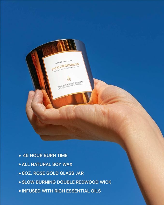 Benevolence LA Fresh Persimmon Wood Wick Candles | Soy Scented Christmas Candles for Home | Holiday Candle Gifts for Women and Men | Home Fragrance | Aromatherapy | 8oz, 45 Hour Burn - Bloomnest