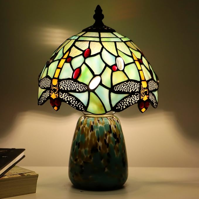 Tiffany Mushroom Table Lamp Dragonfly Style Blue Stained Glass Accent Lamp Brown Blue Glass Base 8X8X12 Inch - Bloomnest