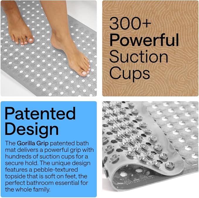 GORILLA GRIP Patented Bath Tub Shower Mat, Machine Washable Bathtub Floor Liner Mats, Suction Cups and Drain Holes to Keep Tubs Clean, Soft on Feet, Bathroom Essentials, 35x16 Inch, Gray Opaque - Bloomnest