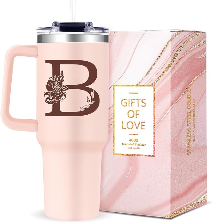 Monogrammed 40oz Tumbler with Handle for Women, Personalized Birthday Gifts for Women,Initial Cups for Woman Pink Letter B,Customized Gifts for Female Lady Gift for Mothers Day Christmas - Bloomnest