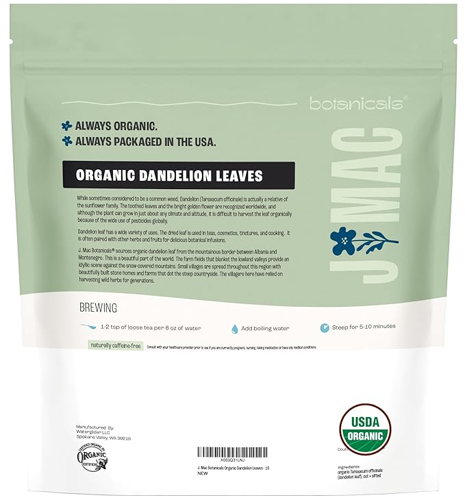 J Mac Botanicals, Organic Dandelion Leaves (16 oz bag) USDA Certified Organic Dandelion leaf tea, te diente de leon organico, Packaged in the USA, Cut and Sifted, No Caffeine, Fresh dried dandelion - Bloomnest