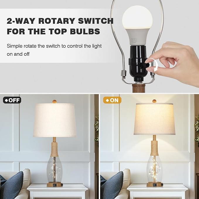 28" Coastal Table Lamps for Bedroom Set of 2, Farmhouse Glass Lamps with 3-Way Dimmable Touch Control Fairy Lights & Type-C Charging for Living Room Nightstand, Beach Nautical Bedside Lamp Rustic Wood - Bloomnest