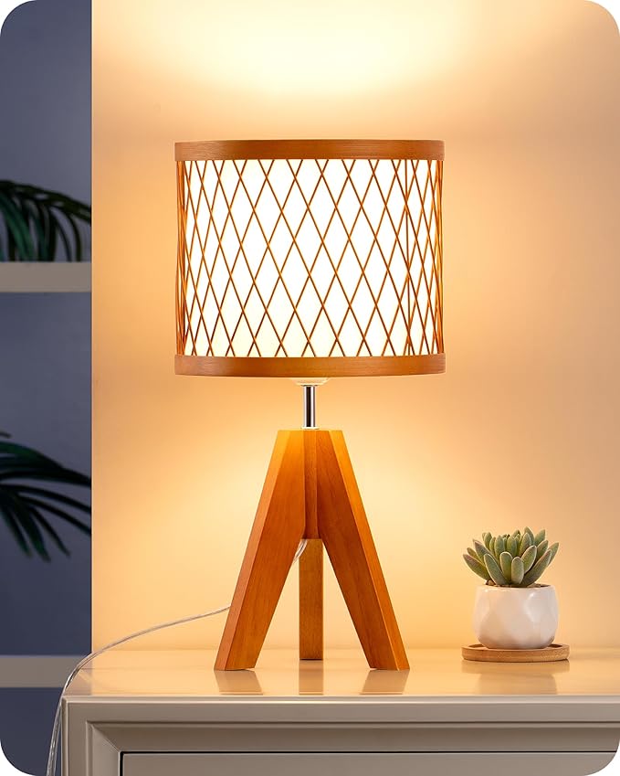 EDISHINE Small Table Lamp, 14.17" Wood Tripod Bedside Lamp with Bamboo Lampshade & PVC Shade, ON-Off Switch & E26 Base, Boho Nightstand Lamp for Living Room, Bedroom - Bloomnest