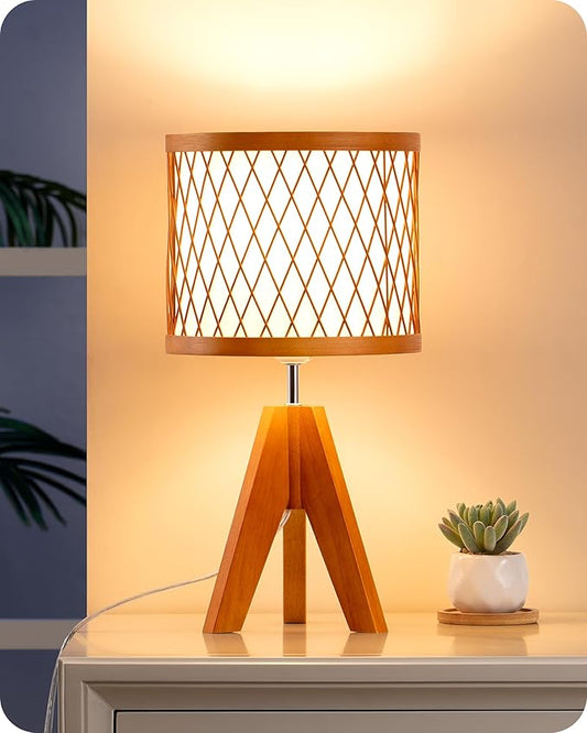 EDISHINE Small Table Lamp, 14.17" Wood Tripod Bedside Lamp with Bamboo Lampshade & PVC Shade, ON-Off Switch & E26 Base, Boho Nightstand Lamp for Living Room, Bedroom - Bloomnest