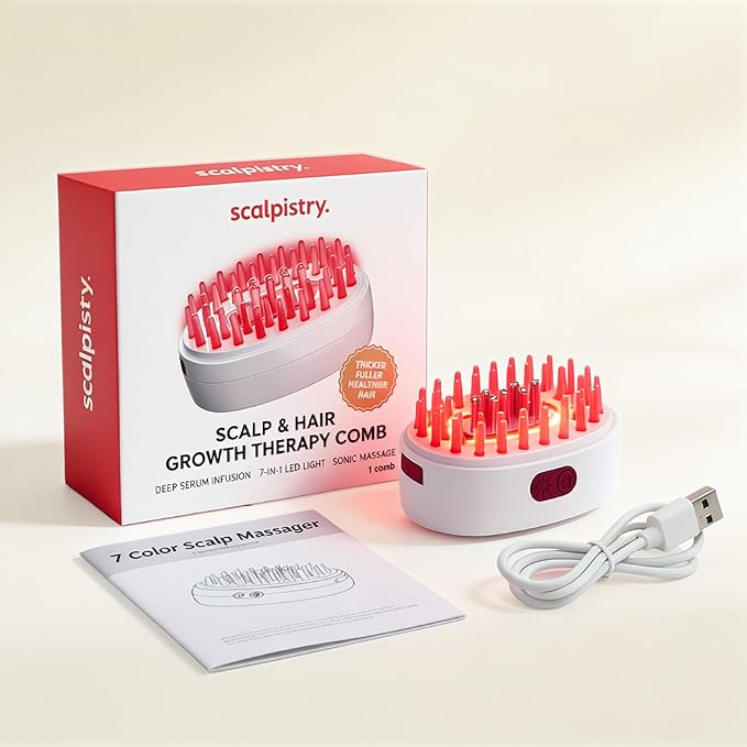 7-1 Red Light Hair Brush Comb | Vibrating Electric Red Light Scalp Massager + Oil Applicator for Fuller-Looking Hair Care | Scalp Massage for Head Spa | Portable, Cordless & Waterproof Scalpistry