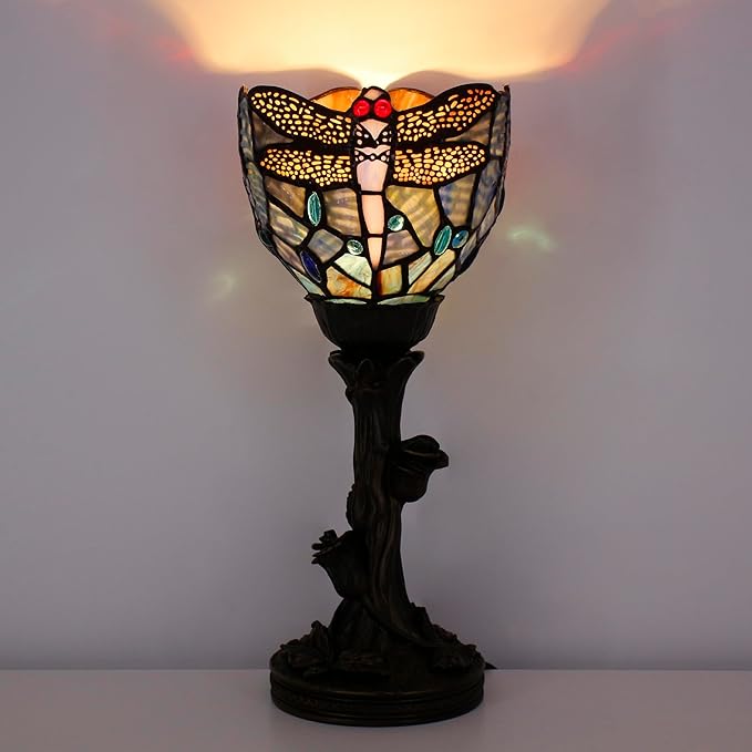 Small Tiffany Lamp Mini Stained Glass Table Lamp Blue Dragonfly Accent Desk Uplight W6 H13.5 Inch Bronze Resin Base - Bloomnest