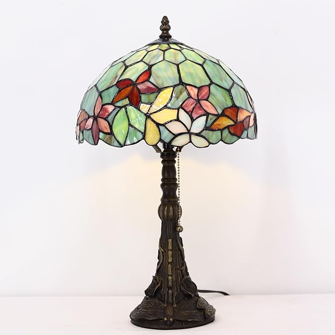 Tiffany Stained Glass Table Lamp 12X12X19 Inch Green Red Flowers Style Desk Bedroom Living Room Reading Light (Red Flowers Style) - Bloomnest