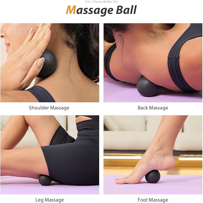 5 in 1 Foam Roller Set - Trigger Point Foam Back Roller, Muscle Roller Stick, Massage Ball, Stretching Band for Deep Muscle Massage Pilates Yoga,Fitness Exercise for Whole Body Release (Pure Black) - Bloomnest