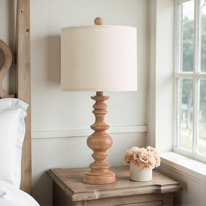 BOBOMOMO 24" Farmhouse Table Lamps Set of 2 – Rustic Light Brown Resin Bedside Lamps with Linen Shades, Medium Size Nightstand Lamps for Bedroom, Living Room, and Entryway, Ideal for Warm, Cozy Spaces - Bloomnest
