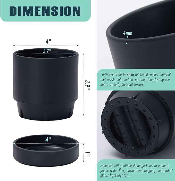 4 Inch Modern Plastic Round Pots for Indoor Houseplants and Herbs, Pack of 3 Planter Pot with Drainage Hole & Saucer, Deep Water Catch Tray, Straight Cylindrical Pot for Plants, Matte Black, 23-D-R-2 - Bloomnest