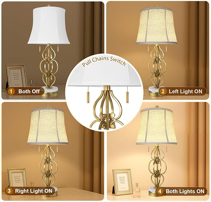Scenekoy 27.75” Iron Art Table Lamp Set of 2 for Bedroom Living Room, Gold Leaf Night Stand Bedside Lamps with USB Ports, Pull Chains Modern Nightstand Lamp Line Shade for Home Decor (Bulbs Included) - Bloomnest
