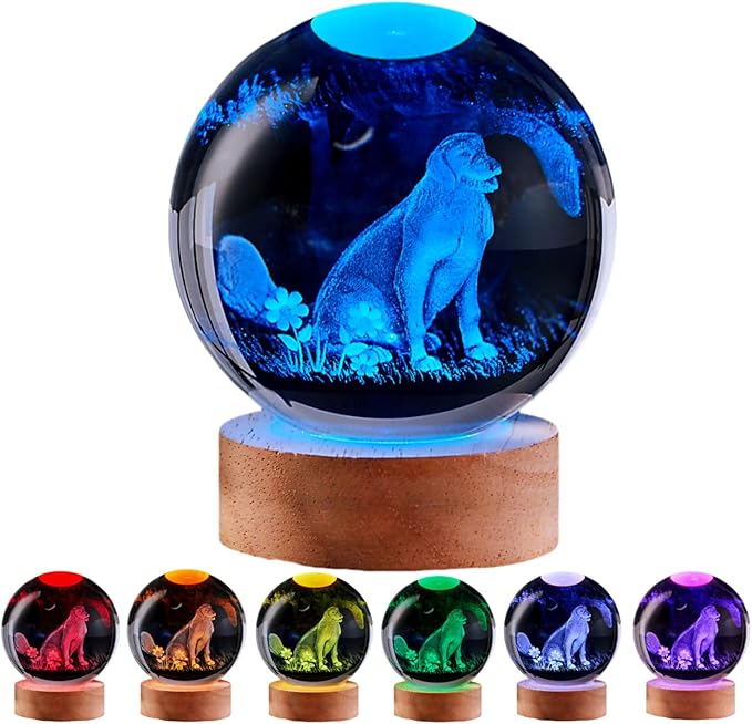 Dog Crystal Ball Lamp,3.15 inch 3D K9 Animal Crystal Ball Dog Night Light with Wooden Base, Lamp Gift for Animals Lovers,16 Colors Change with Remote Control (J) - Bloomnest