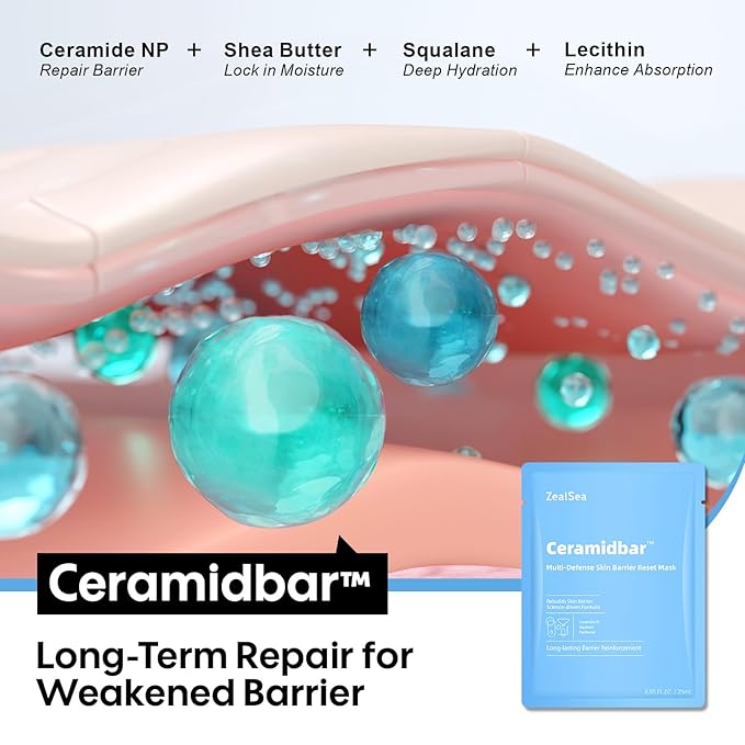 Ceramidbar Face Masks Skincare Set, ZealSea Derm Solution Sheet Mask for Multi-Trigger Sensitivity, Soothing & Calming, Strengthen & Restore Skin, Facial Mask with Cica & Ceramide, 10 Pack - Bloomnest