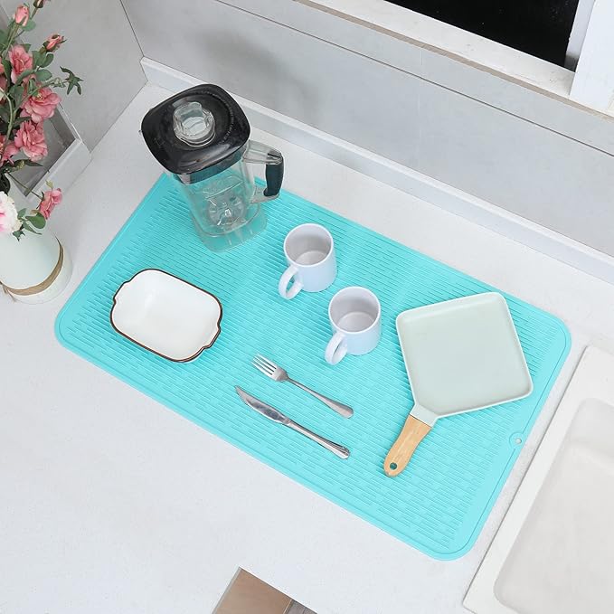 Silicone Dish Drying Mat for Multiple Usage,Easy clean,Eco-friendly,Heat-resistant Silicone Mat for Kitchen Counter or Sink,Refrigerator or Drawer Liner Mint 4XL 32 inches x 18 inches - Bloomnest
