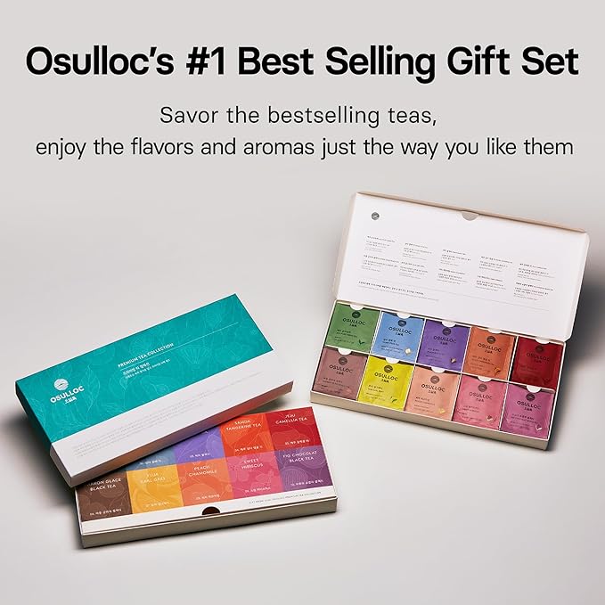 OSULLOC Premium Tea Collection (40 count, 10 flavors x 4 ea), Assorted Tea bag Sampler, Tea Gift sets for Tea lover, Self Care Gift Box, Premium Organic Pure & Blended Tea from Jeju - Bloomnest