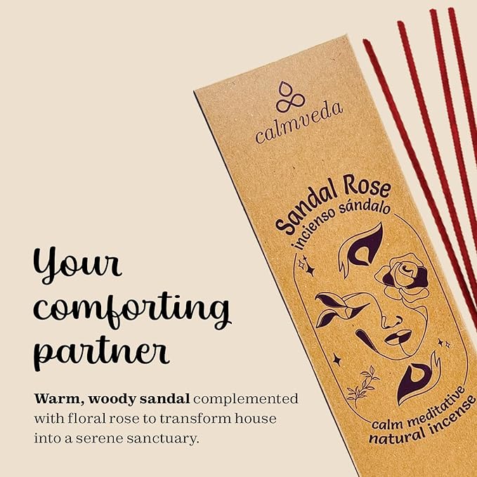 Sandal Rose Incense Sticks Natural - for Meditation Incense (40+ Sticks) Clean Charcoal Free Made from Upcycled Flowers | Sweet Woody Sandalwood for Calm Feel (Incienso De Rosas) - Bloomnest