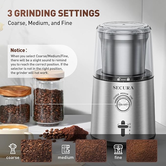 Secura Electric Coffee Grinder and Spice Grinder with 2 Stainless Steel Blades - Bloomnest