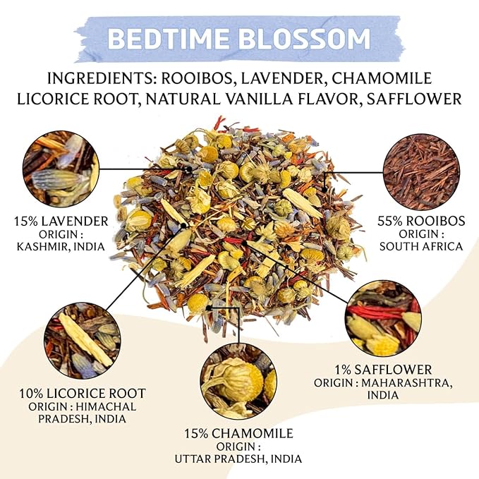 BREWIX, Bedtime Blossom Calming Tea For Sleep (50+ Cups) Herbal All Natural | Supports a Good Night’s Sleep | Night Time, Caffeine Free with Rooibos, Safflower, Chamomile and Lavender | Perfect for Bedtime | Relaxing Natural Nighty Night Sleeping Tea - Bloomnest