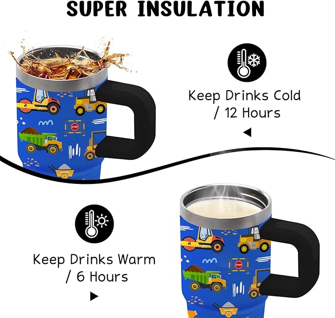 Construction Tumbler with Handle Straw for Kids 14oz, Insulated Stainless Steel Cup for Boys, Birthday Christmas Back to School Gifts for Kids Boys - Bloomnest