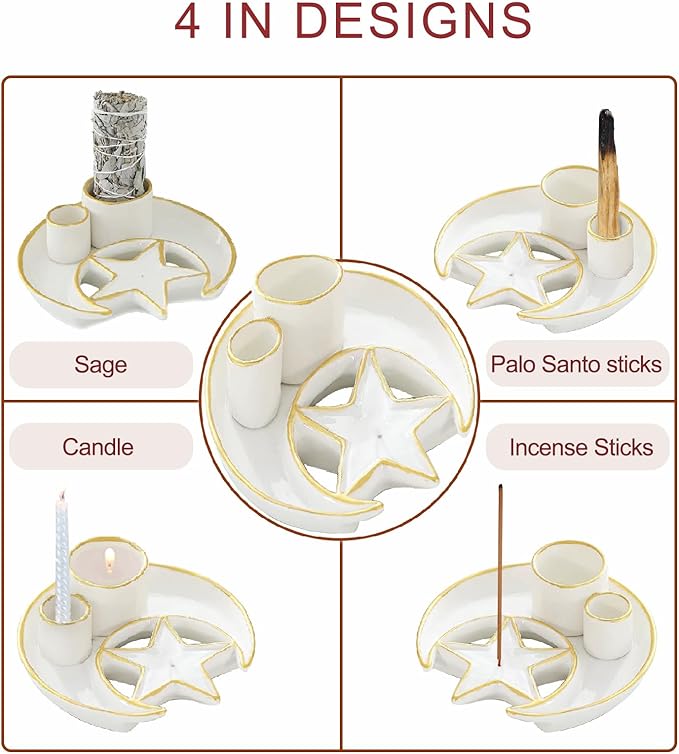 Incense Holder,4 in 1 Palo Santo Holder for Burning Sage and Sticks,5.9" Ceramic Incense Burner,White Candle Holder Ash Catcher Tray for Meditation Home Zen Decor Gift - Bloomnest
