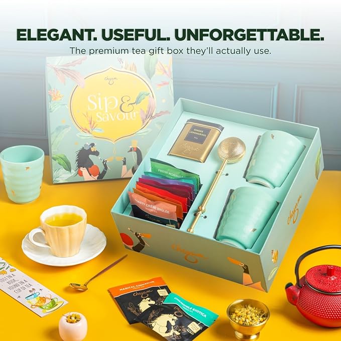 CHAYAM Tea Lover's Luxury Gift Basket with Cups & Infuser | 10 Assorted Tea Bags, Ginger Lemongrass Herbal Loose Leaf 50g/1.76oz, 2 Mugs & Lead-Free Premium Brass Infuser | Self-Care Gifts for Mom and Her - Bloomnest