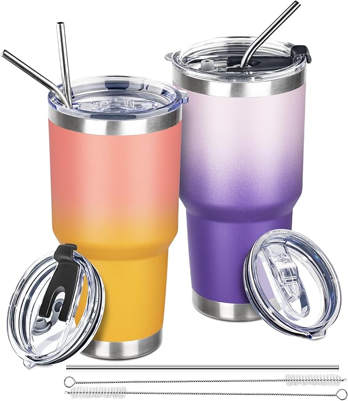 30 oz Tumbler with Lids and Straws Double Wall Vacuum Insulated Tumbler,Stainless Steel Leak-proof Tumbler Cup Powder Coated Travel Coffee Mug for Cold and Hot Drinks,Gardient Purple-Sunrise,2 pack - Bloomnest