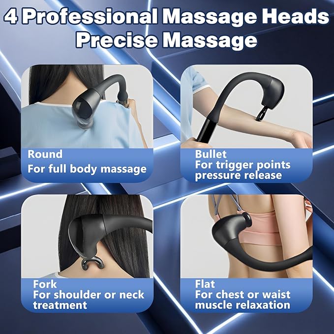 Deep Tissue Massage Gun with Extension Handle - 10mm Percussion Massager for Neck, Back & Shoulder Pain Relief, Handheld Portable Muscle Massager Gun for Athletes, 5 Speed & 4 Attachments - Bloomnest