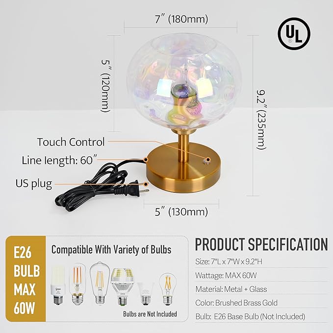 Touch Control Hammered Glass Table Lamp Brass Gold Portable Dimmable Brightness Small Nightstand Light 3-Way Stepless Dimming Bedside Bedroom Living Room (Stained Glass & Gold) - Bloomnest