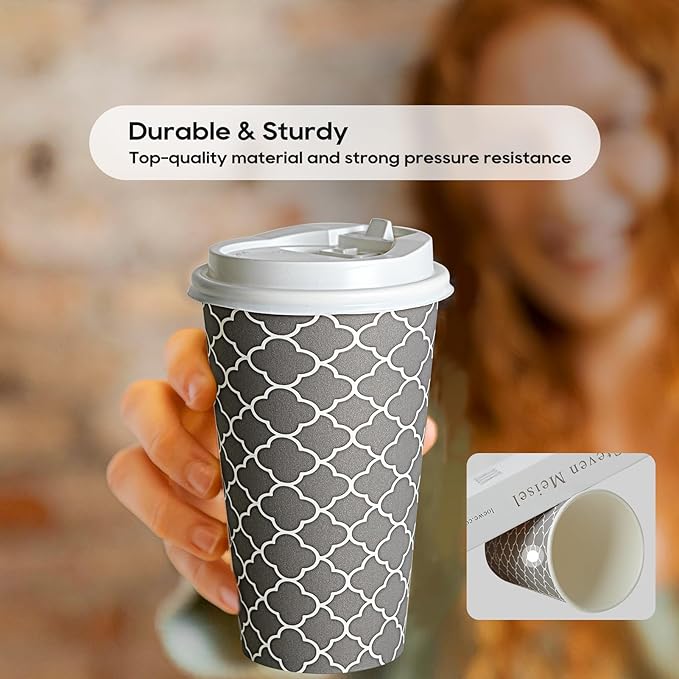 JOLLY PARTY Disposable Coffee Cups with Lids -16 oz (100 Sets) To Go Cups, Paper Coffee Cups for Beverages Espresso Tea, Suitable for Cafes, Offices and Home - Bloomnest