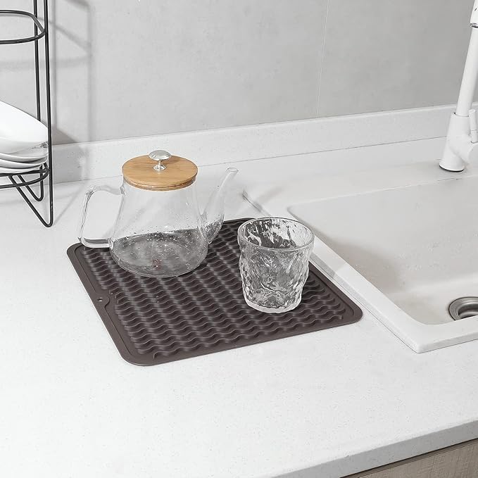 Silicone Dish Drying Mat for Multiple Usage,Easy clean,Eco-friendly,Heat-resistant Silicone Mat for Kitchen Counter or Sink,Refrigerator or Drawer liner Coffee M 12 inches x 12 inches - Bloomnest