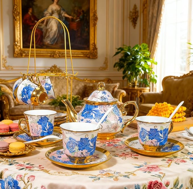 CHANJOON Gold Plated Red Rose Ceramic Tea Set, Vintage Tea Sets with Teapot, Beautiful Tea Set Coffee Serving 6 People (Blue Rose, large) - Bloomnest