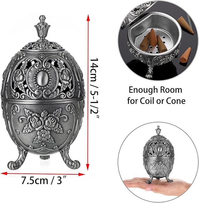 JUXYES Vintage Incense Burner Holder with Removable Ash Catchers, Metal Censer Antique Cone Coil Incense Burner Holder Zinc Alloy Spiritual Aromatherapy Yoga Meditation Gifts Retro Home Decoration - Bloomnest