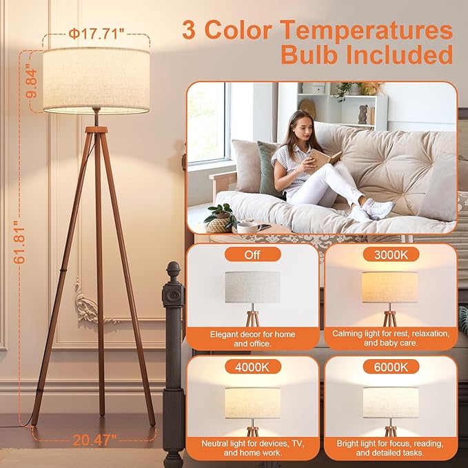 LiteHistory Wood Tripod Floor Lamps for Living Room, Bedroom, and Office,Standing lamp with Beige Linen Shade, 12W Three-Color Bulb Included, Pull Chain Switch, Tall lamp for Mothers Day Gifts, Brown - Bloomnest