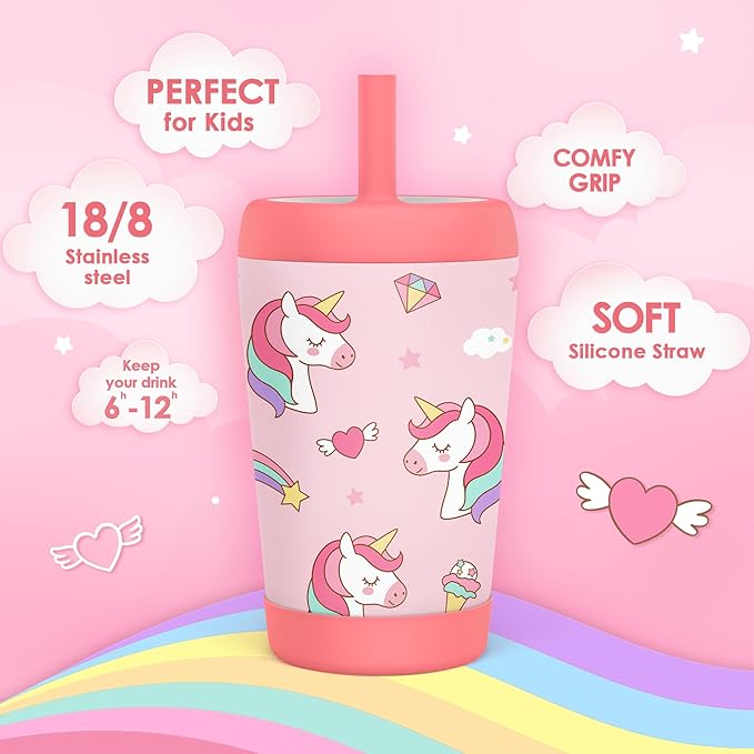 Kid Insulated Stainless Steel Tumbler with Silicone Straw, 12oz Sippy Cup for Kids (Dreamy Unicorn) - Bloomnest