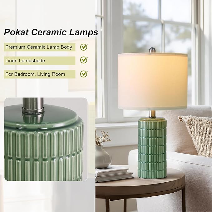 PoKat 20.75" Small Modern Ceramic Table Lamps Set of 2 for Bedroom, Green Bedside Lamps for Night Stands, Farmhouse House Decor Nightstand Table Lamps for Living Room End Table Green - Bloomnest