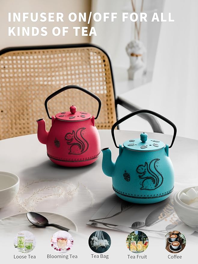 Toptier Teapot with Removable Infuser, Cast Iron Tea Kettle Stovetop Safe, Squirrel Design Tea Pot Coated with Enameled Interior for 32 Ounce (950 ml), Blue - Bloomnest