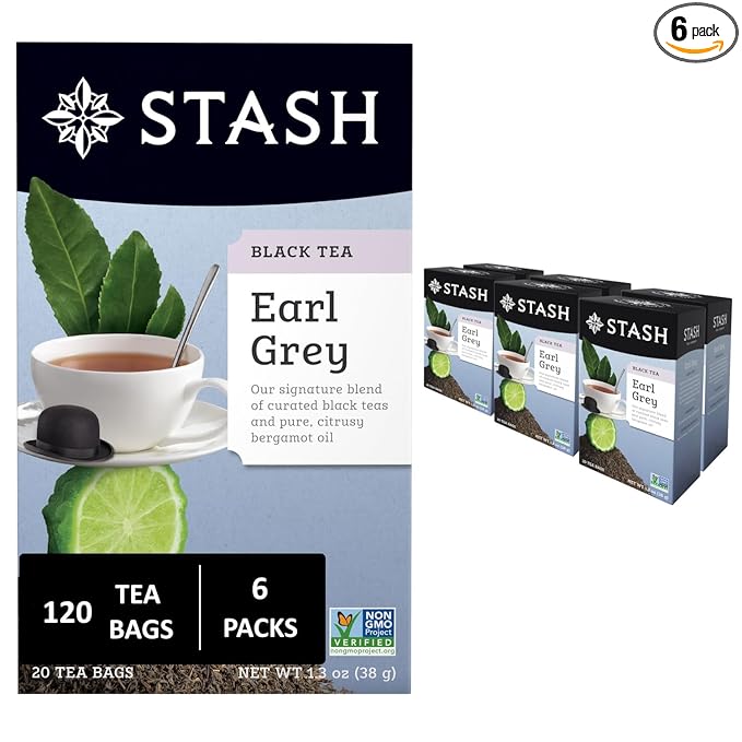 Stash Tea Earl Grey Black Tea - Caffeinated, Non-GMO Project Verified Premium Tea with No Artificial Ingredients, 20 Count (Pack of 6) - 120 Bags Total - Bloomnest