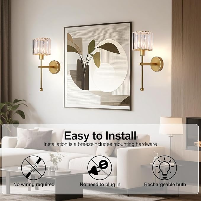 Modern Glass Crystal Wall Sconces Battery Operated Set of 2, Gold Rechargeable Wall Lights with Remote,Non Hardwired Clear Wall Lighting Fixture Brass for Bedroom Bathroom Living Room Porch - Bloomnest