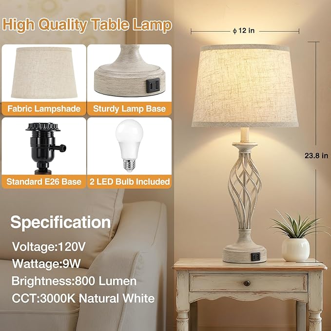 Table Lamp for Bedroom Set of 2 - Light Grey Bedside Lamps with USB C+A Ports,Rustic Distressed Farmhouse Bedroom Lamp - Lamp for Living Room Reading Bed Side End Table Bulbs Included - Bloomnest