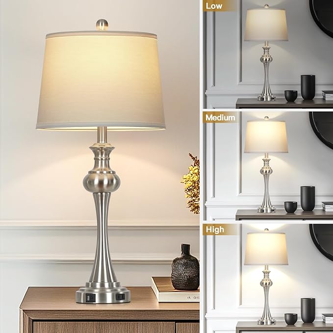 28.75"Silver Table Lamps Set of 2, 3 Way Touch Control Living Room Lamps with USB A+C Ports & Outlets , Modern Bedside Lamps, Elegant Metal Nightstand Lamps for Bedroom Office End Table Decoration - Bloomnest