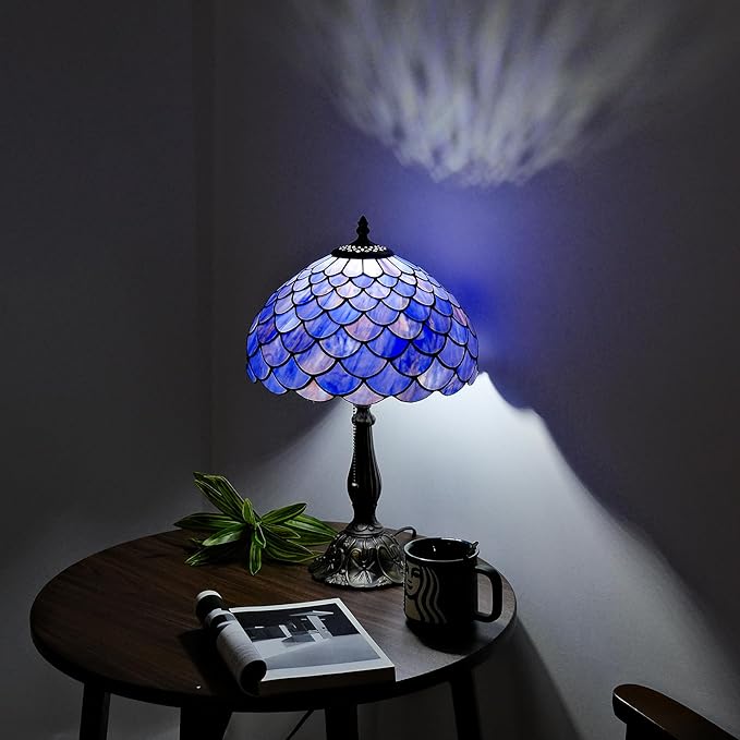 Tiffany Style Table Lamp Vintage Stained Glass Desk Lamp Deep Blue Purple Fish Scales Bedside Reading Light Decor Bedroom Living Room Home Office D12 xH18 - Bloomnest