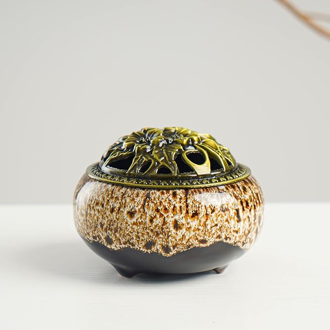 Incense Burner with Calabash Incense Stick Holder - Porcelain Charcoal Censer for Use with Resin Granular Powder Cone or Coil Incense (New Fambe Gray) - Bloomnest