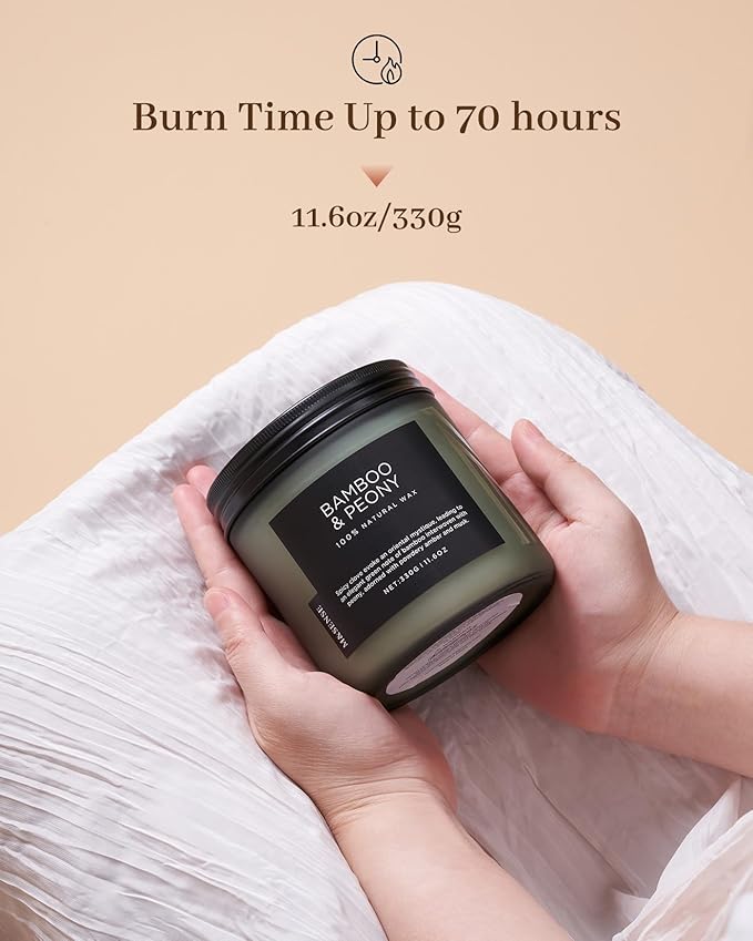 M&SENSE Bamboo Peony Scented Candle, 11.6oz Aromatherapy Jar Candle, 70 Hour Burn Time, Natural Soy Wax Blend, Stress Relief, Home Fragrance - Bloomnest